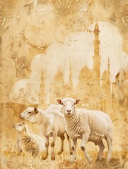 Naklejka premium goat and sheep on islamic background with clouds and copy space - generative ai
