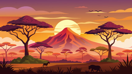 African savannah landscape at sunset vector illustration. Cartoon savanna landscape with mountains, trees and wild animals