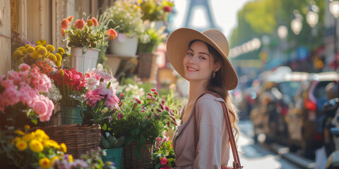 Beautiful young woman choosing fresh flowers at flower market in Paris, France.