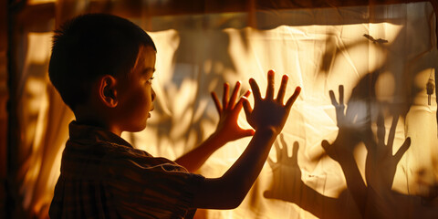Little boy looking at the wall with shadow theatre at night before bedtime. Illuminated fairytale. Time to sleep.