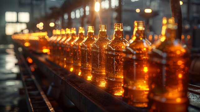 Bottling the warmth of amber in an industrial setting with glowing bottles
