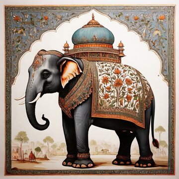 Pattern Mughal peacock elephant painting on a white background