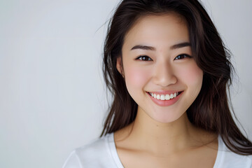 Naklejka premium Closeup portrait of Beautiful smiling Asian woman with smooth healthy skin