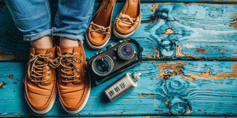 A pair of brown shoes and a camera sit on a wooden surface. The shoes are tied with a shoelace and the camera is a black and silver model. Concept of adventure and travel, as the shoes - obrazy, fototapety, plakaty