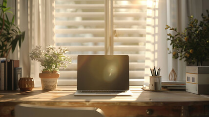 Cozy home office desk with warm sunlight and plants