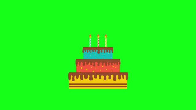 Animated Birthday cake with burning candles on green screen chroma key background. 4k video animation of birthday cake.
