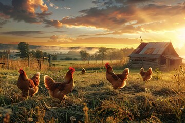 A harmonious blend of nature and agriculture, this image celebrates the life of free-range egg-laying chickens in both pastoral fields and a structured commercial coop - obrazy, fototapety, plakaty