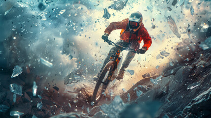 a mountain biker from another dimension driving through a cloud of flying sharp glass shards,generative ai