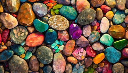 a calming background wallpaper featuring a collection of multicolored stones arranged in a tranquil setting, invoking a sense of peace and relaxation - obrazy, fototapety, plakaty