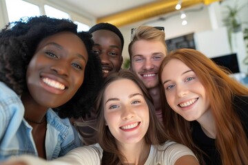 Multicultural Happy People Taking Group Selfie Portrait in the Office