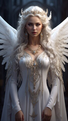 a beautiful angel woman with white angel wings and detailed Generative Ai - obrazy, fototapety, plakaty