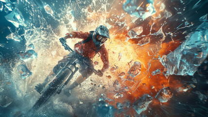 a mountain biker from another dimension driving through a cloud of flying sharp glass shards,generative ai