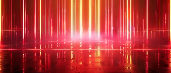 Psychedelic backdrop, glowing vertical lines, red neon lights, infrared spectrum, vibrant colors, laser show in 3D - obrazy, fototapety, plakaty