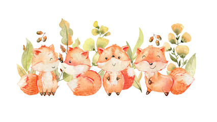 Vector watercolor composition with cute foxes on a white background. Nursery poster. - 775695679