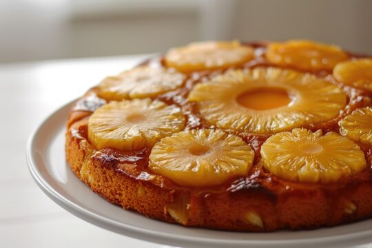 Crushed, pineapple, upside down cake, fine tableware, tropical leaves, space for text