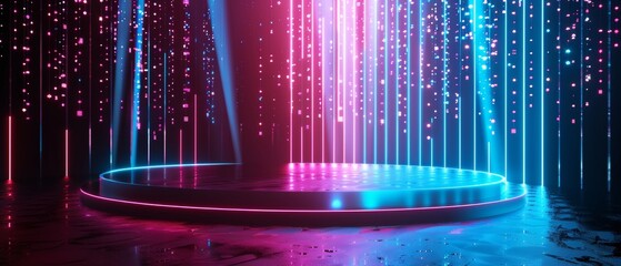 Stunning 3D render of a catwalk fashion podium, laser show, stage, isolated on black, with screen pixels, glowing dots, neon lights, virtual reality, ultraviolet spectrum, vibrant pink & blue colors,
