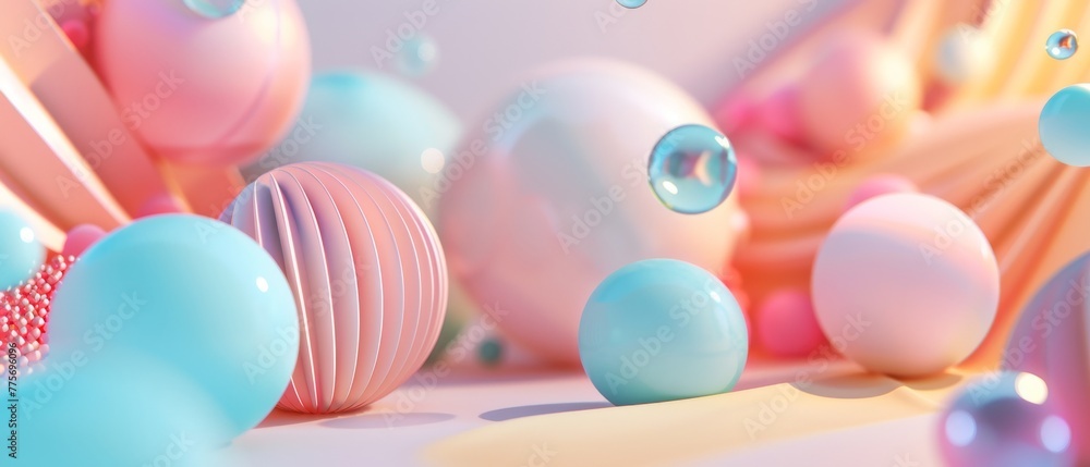 Poster this is a 3d render with an abstract background, pastel neon primitive geometric shapes, balls, and 