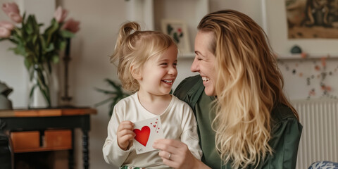 Beautiful blonde mom and her cute child holding a card with kids drawing on sunny day in cozy living room. Celebrating Mother's Day.