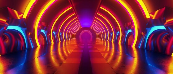 Rendering in 3D, yellow red blue neon light, abstract ultraviolet background, dynamic glowing lines, psychedelic stage, vibrant colors, empty room, tunnel, corridor, night club interior.