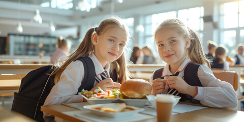 Two cute ten years old girls sitting at the table in school cafeteria. Young students having food during lunch break in dining hall. - 775696244