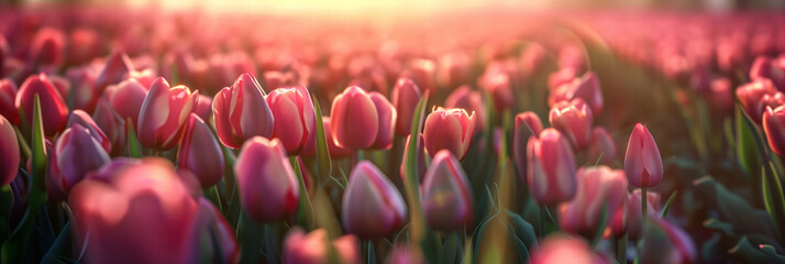 Field of pink tulips blossoming on a sunset. Seasonal tulip bloom in Netherlands.