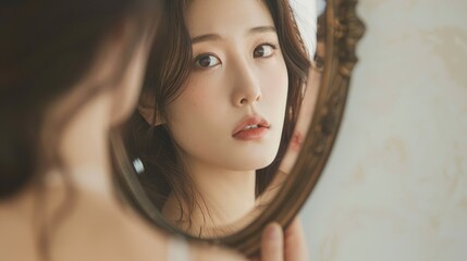 Asian woman looking into a mirror, reflection of her own beauty
