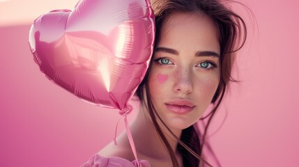 beautiful woman holding heart shaped balloon on soft pink background