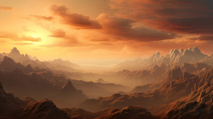 An artistic 3D rendering of a mountain range at sunset, with realistic textures and a serene, golden sky Ai Generative - obrazy, fototapety, plakaty