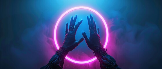 An abstract neon background with mannequin hands, a glowing pink blue ring, a round shape, a mysterious witch drawing, an occult ritual, a halloween mockup, ultraviolet light, and a fashion concept. - obrazy, fototapety, plakaty