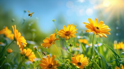 golden daisies with lush green grass on spring meadow