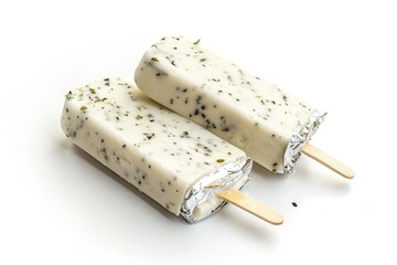 Indian kulfi popsicles decorated in silver foil and green cardamom on white background