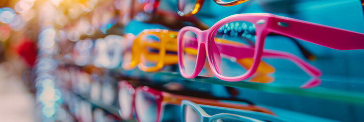 Assortment of eyeglasses at the showcase in modern optic shop. Variety of glasses at the shelves of eyeglass store. - obrazy, fototapety, plakaty