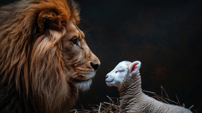 A black background with an isolated profile of a lion and lamb.