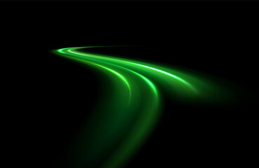 Green shiny sparks of spiral wave. Curved bright speed line swirls. Shiny wavy path. Rotating dynamic neon circle. Magic golden swirl with highlights. Glowing swirl bokeh effect. vector