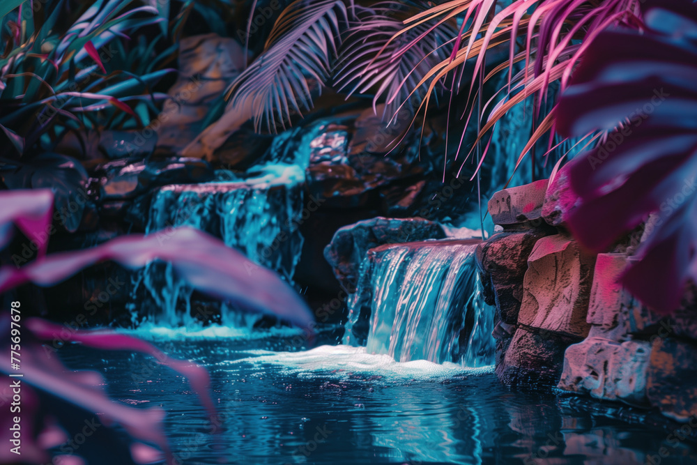 Poster waterfall in the night. background image. created with generative ai technology.