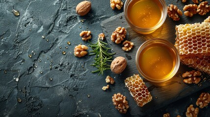 Two Cups of Honey and Nuts on Table