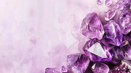 A serene display of various sizes of amethyst crystals on a soft purple background.