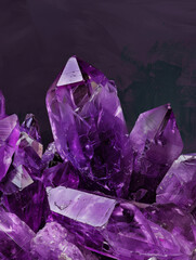 Rich purple amethyst crystals scattered on a dark, elegant background.