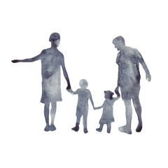 Silhouette family four persons parents and two children.Watercolor family illustration on white background.
