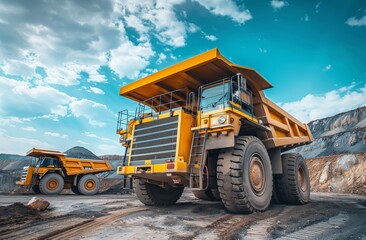 A large yellow mining truck is driving on the open ground of an industrial mine