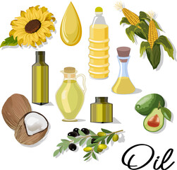 A set of products and oils from them.Olives, corn, sunflower, avocado, coconut and oil bottles from them in vector set.