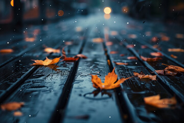 Autumn leaves on a wet wooden terrace floor. 