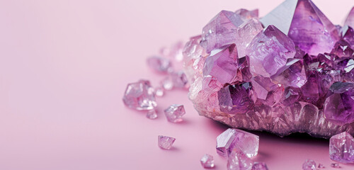 Fototapeta premium A serene display of various sizes of amethyst crystals on a soft purple background.