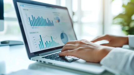 A person is sitting at their desk, typing on the keyboard of an open laptop computer with its screen showing data visualization charts and graphs in a white color theme