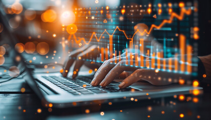 A person typing on a laptop with digital data and graphs floating around them, symbolizing the integration of technology in business innovation