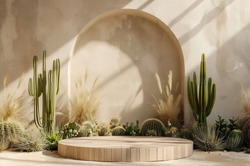 A podium in the middle of cacti and grass, with a beige wall and an arch on one side. A wooden...