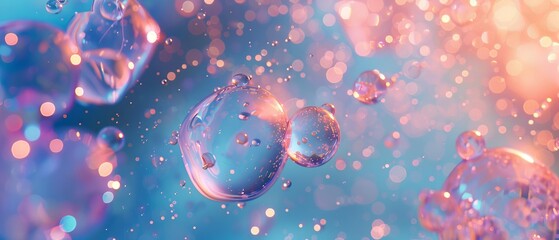 A 3D render with an abstract background, a sparkling water macro, air bubbles, and hydration jelly balls as well as a bubble effect - obrazy, fototapety, plakaty