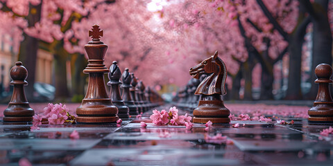 Chess pieces underneath blooming sakura trees in Kungsträdgarden, Stockholm, Sweden. generative ai  - obrazy, fototapety, plakaty