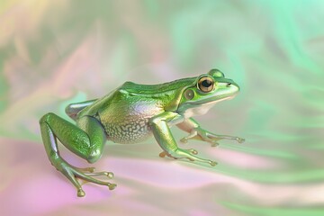 Imagine a mystical realm where time flows differently, and on February 29th, the world is touched by magic. In this enchanted space, a radiant green frog, its skin shimmering like precious jade, leaps