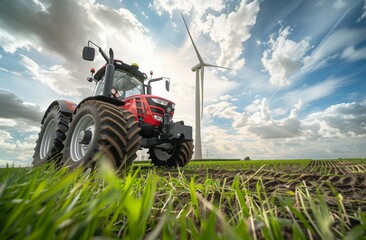 A red tractor driving on the green field, against which there's an energy wind turbine in background - obrazy, fototapety, plakaty